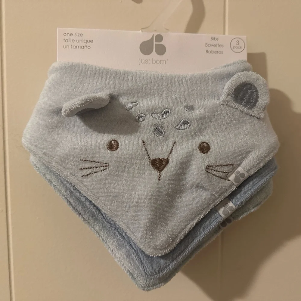 Baby Just Born - 3 Pack Animal Faces Terry Bandana Bibs